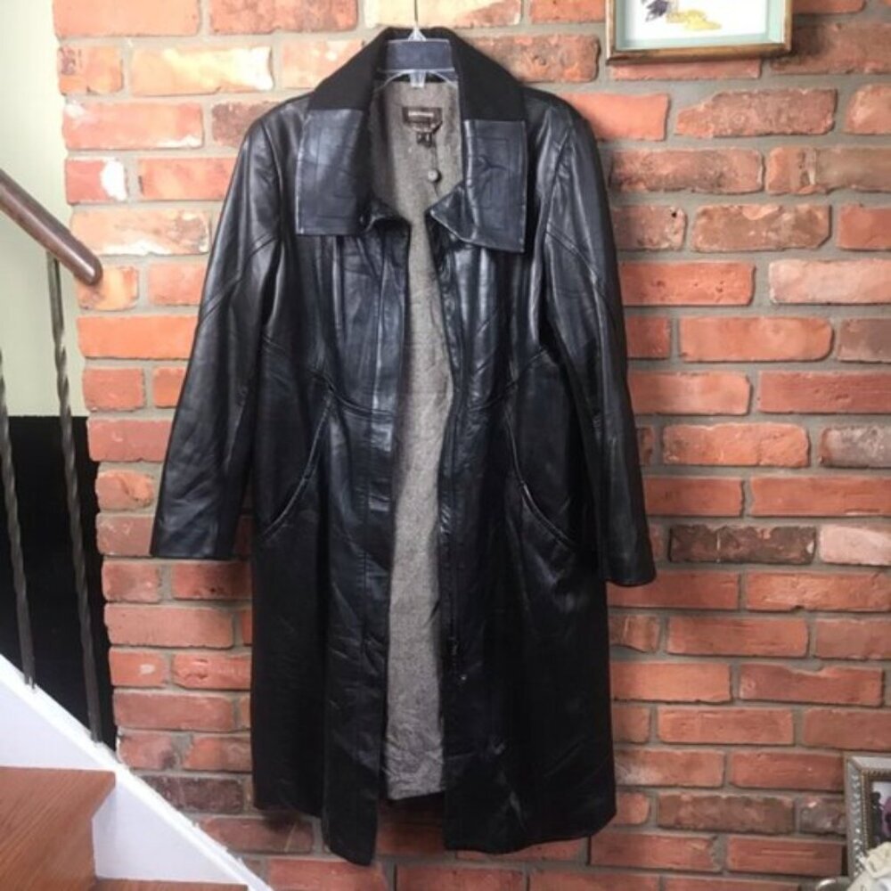 Danier Leather NEW Long Jacket Coat Wool Lined Pockets Zipper Snap Closure Tag L - Picture 5 of 16